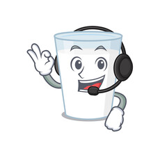 A stunning glass of milk mascot character concept wearing headphone