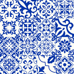 Azulejos in blue, white. Original traditional Portuguese and Spain decor. Seamless patchwork tile with Victorian motives. Ceramic tile in talavera style. Gaudi mosaic. Vector