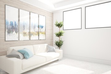Fototapeta na wymiar modern room with sofa,pillows,pictures and plant interior design. 3D illustration