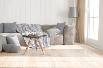 modern room with sofa,pillows,plaid,lamp,curtains and table interior design. 3D illustration