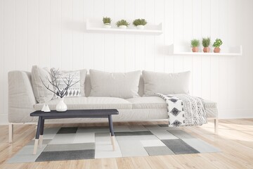 modern room with sofa,pillows,plaid,shelfes with plants,carpet and table interior design. 3D illustration