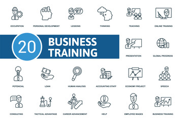 Business Training icon set. Collection contain occupation, potencial, speech, global progress, loan, teaching and over icons. Business Training elements set.