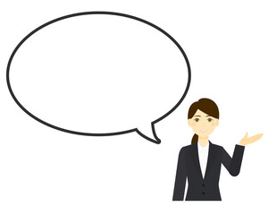 案内するスーツの女性と吹き出し