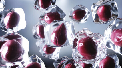 Plums in ice cubes. Food and broadcast concept. Realistic ice materials. 3d rendering.