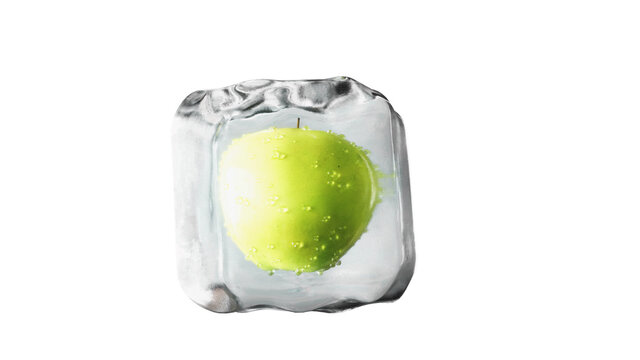 Apples in ice cubes. Food and broadcast concept. Realistic ice materials. 3d rendering.