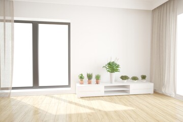 Fototapeta na wymiar modern room with many plants in pots and curtains interior design. 3D illustration