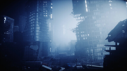 Apocalypse city in fog. Aerial View of the destroyed city. Apocalypse concept. 3d rendering. - obrazy, fototapety, plakaty