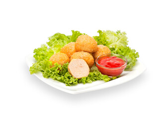 Delicious Crispy Chicken Nuggets in batter with ketchup and lettuce
