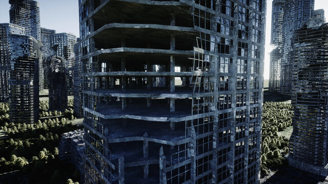 Apocalypse city. Aerial View of the destroyed city. Apocalypse concept. 3d rendering.