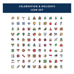 set of Celebration and Holidays icon with filled outline style design vector