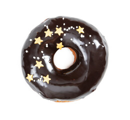 Donut with chocolate glossy glaze and sprinkles isolated on white