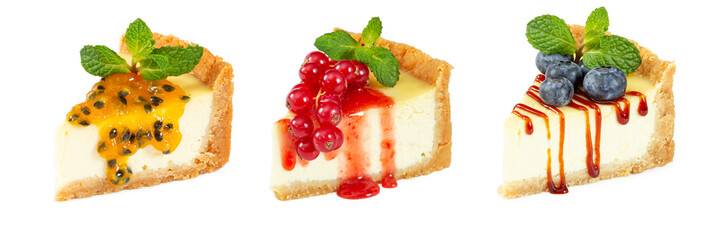 Set of cheesecake with passion fruit, blueberries and red currants