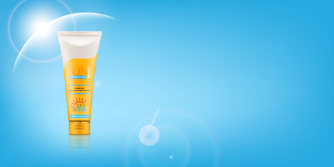 Sunscreen cream advertising banner with realistic 3d tube and jar with gel or cream for skin protection and UVA/UVB rays blocking. Ready for branding and packaging design. Bitmap copy