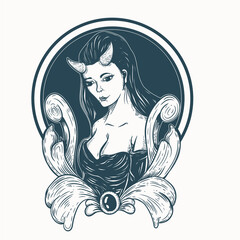 vintage devil woman hand drawn tattoo artwork