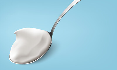 Natural greek yogurt in the spoon on blue background realistic illustration. - obrazy, fototapety, plakaty