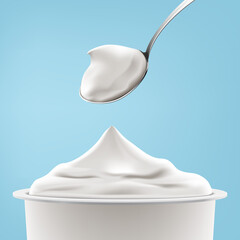 Natural greek yogurt in the spoon on blue background realistic illustration.
