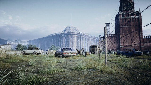 Apocalypse Of Russia. Aerial View Of The Destroyed Moscow City, Red Square. Apocalypse Concept. 3d Rendering.