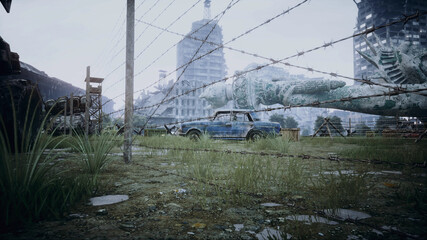 Apocalypse of USA, America. Aerial View of the destroyed city. Apocalypse concept. 3d rendering.