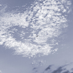 a heart-shaped cloud in the blue sky and a plane