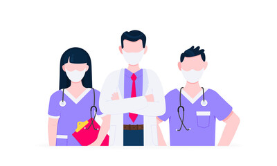 Successful team of medical employee doctors with face masks vector illustration isolated on white background. Three hospital or medic clinic staff doctors standing up with equipment.