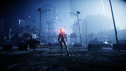 Military robot in destroyed city. Future apocalypse concept. 3d rendering. - obrazy, fototapety, plakaty