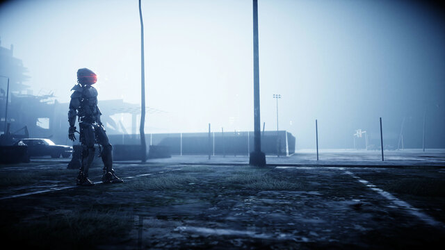 Military robot in destroyed city. Future apocalypse concept. 3d rendering.