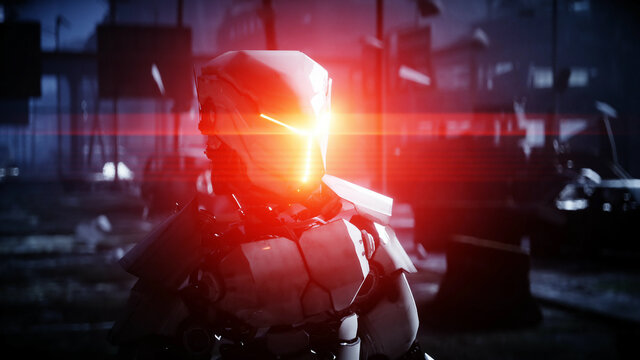 Military robot in destroyed city. Future apocalypse concept. 3d rendering.