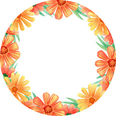 Watercolor floral frame with chamomile and calundula for wedding invitations and cards.