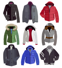 collection of warm winter jackets (vector illustration).