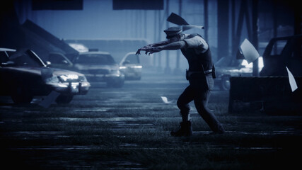 Police zombie in dark destroyed city. Fog dramatic night. Zombie apocalypse concept. 3d rendering.