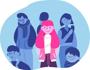 우울한 군중 속에서 홀로 웃고있는 여자