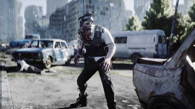 Terrible zombie in destroyed city. Zombie apocalypse concept. 3d rendering.