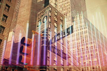 Naklejka premium Forex chart on cityscape with tall buildings background multi exposure. Financial research concept.