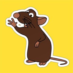 Sticker of Brown Mouse Said Hello, Waved and Smiled Cartoon, Cute Funny Character, Flat Design