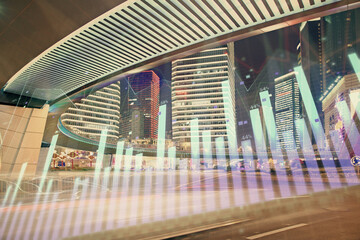 Forex chart on cityscape with tall buildings background multi exposure. Financial research concept.