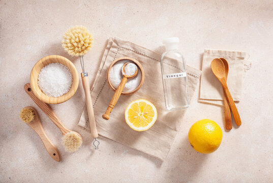 Zero Waste Eco Friendly Cleaning Concept. Wooden Brushes, Lemon, Baking Soda, Vinegar