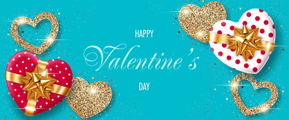 Fototapeta na wymiar Valentines Day background with heart-shaped gift boxes and stylized hearts made of golden confetti. Greeting card, party invitation or sale banner template