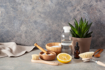 zero waste eco friendly cleaning concept. wooden brushes, lemon, baking soda, vinegar