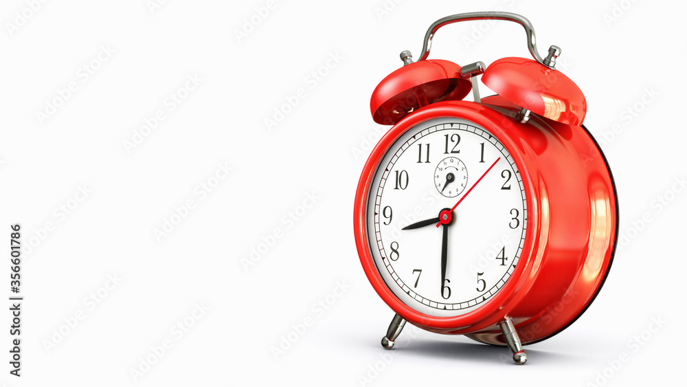 Wall mural retro red alarm clock at eight and thirty o'clock on white background