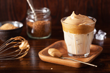 dalgona coffee in glass. trendy Instant coffee whipped with sugar and hot water