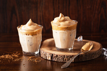 dalgona coffee in glass. trendy Instant coffee whipped with sugar and hot water