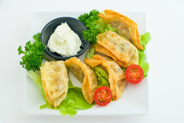 Russian national cuisine, on a plate are handmade dumplings with sour cream dill tomatoes and lettuce, food on a white background