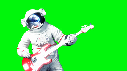 Funny astronaut play to bass guitar . Green screen. 3d renderimg.