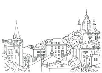 St. Andrew's Church Vector Line Art Sketch Kyiv City View Ukraine