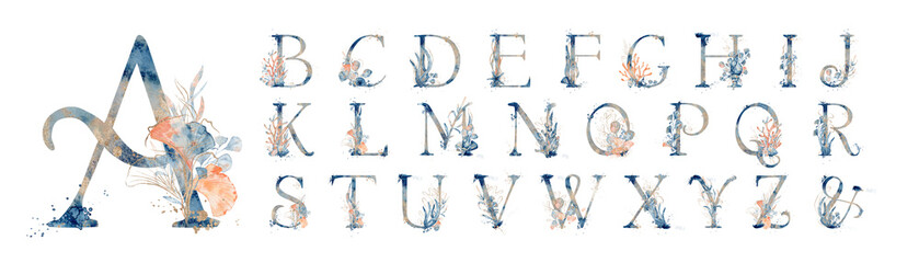 Watercolor blue marine english alphabet set with floral elements from A to Z hand drawn 