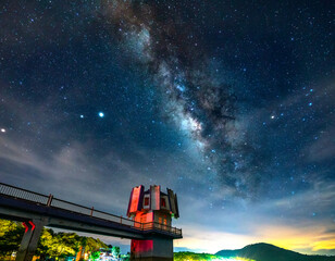 Fototapeta na wymiar Night landscape at a hydroelectric dam with galaxies shining in the sky. This is power supply to the entire city Da Lat, Vietnam
