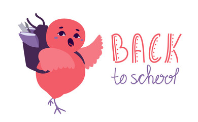 A cute owl bird pupil with a backpack waving its wing. Back to school handwritten phrase. First day of school. A vector cartoon illustration isolated on a white background.