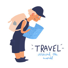 A cute boy traveler looks at the map of the city, smiling. A kid tourist. Travel around the world lettering phrase. Tourism, trip. A vector cartoon illustration isolated on a white background. 