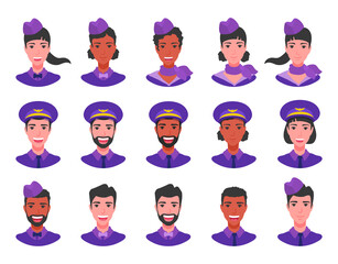 Flight crew avatars icons set. Stewardess, steward, pilot, airhostess smiling. Airline attendant. Various heads with shoulders. A vector flat cartoon illustration isolated on a white background. 