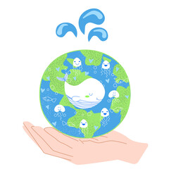 Cute concept card world oceans day. Doodle hand-painted picture of ocean inhabitants on a background of the world. Whale, jellyfish, fish. Hearts and bubbles. Vector illustration isolated on white.